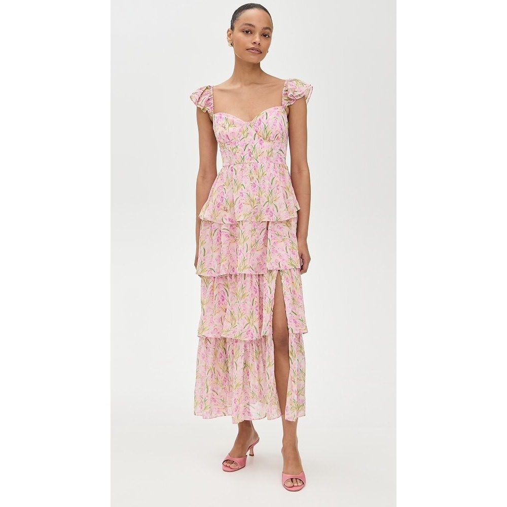 ASTR The Label Pink Midsummer Multi Floral Tiered Maxi Dress Ruffle Sweetheart M